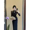 Comércio Exterior Roupas Femininas Foto Real Novo Estilo Chinês Cheongsam Aprimorado Vestido de Tela Preta Feminino Outono Sexy Slim Fit Peixe
