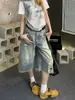 Shorts cropped de mezclilla vintage deshilachados y rotos para mujer, selección de verano, de cintura alta, holgados, adelgazantes, pantalones rectos de pierna ancha de longitud media