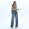 Jeans Wide Leg com Forro de Fleece que Cobre o Quadril Feminino Outono e Inverno Espessado Cintura Alta Solto Emagrecimento Figura Tipo Pera Cinza Cimento Reto