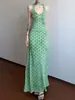 Vestido de Bolinhas estilo Francês com Gola Halter para Mulheres, Vestido Verde Elegante de Verão, Vestido Bodycon que Marca a Cintura, Vestido Longo para Férias