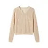 Cárdigan de punto calado color albaricoque para mujer, nuevo estilo de otoño, cuello suelto, manga larga, top fino, color liso