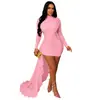 11132 Vestido Corto Sexy de Noche de Color Sólido, Cuello Semi Alto, Mangas Largas, Lateral Fruncido con Tul Fluido, Personalizable