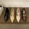 Sapatos Mary Jane de Couro Bico Fino Salto Bloco Estilo Francês 2025 Novo Primavera Sapatos Elegantes de Noite Boca Rasa Sapatos Únicos Sapatos Femininos