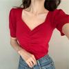 2022 Novo Verão Estilo Hong Kong Retrô Manga Bufante Curto Bottoming Slim Decote V Manga Curta Tricô Tops para Mulheres