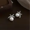 Pendientes de Perla Estilo Lujo Ligero Francés, Temperamento Suave, Pendientes de Circonita con Lazo, Pequeño Estilo Chanel, Pendientes de Alta Gama con Artesanía Pesada