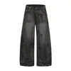 Jeans Rasgado Pesado Lavado Estilo Hip-Hop Streetwear Urso Mágico, Calças Largas Curvas, Calças Largas Patchwork Compridas