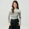 Novo Suéter de Caxemira Manga Longa Slim Fit Camada Base para Mulheres Outono Inverno Gola Meia Alta Tricô Color Block Listrado Pulôver