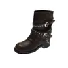 Botas Femininas de Salto Alto com Fivela de Metal Estilo Europeu Cavaleiro Outono/Inverno Estilo Europeu e Americano Estilo Desgastado Couro Macio