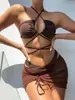 Bikini Sexy Traje de Baño Sexy con Tirantes Halter Chica de Tres Puntos Falda Exportación Europea y Americana Traje de Baño de Tres Piezas para Mujeres