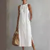 Nueva Ropa de Mujer Otoño 2026: Vestido Largo de Color Sólido Estilo Resort de Playa, Vestido Casual Holgado sin Mangas de Cuello Redondo