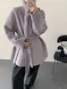 Ribete de piel de zorro, mangas ligeramente caídas, abrigo de lana doble faz, diseño holgado para mujer, con cinturón y que ajusta la cintura