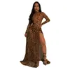 C7308 Transfronterizo Aliexpress Amazon Moda Europea y Americana Vestido Sexy de Leopardo de Manga Larga con Abertura para Mujer