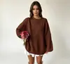 Suéter pullover de punto grueso con cuello redondo, patrón de rombos texturizado, talla grande, corte holgado, color liso, nuevo estilo otoño e invierno 2026, transfronterizo europeo y americano, para mujer