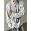 Camisa polo de manga larga con cuello deconstruido, capa base para hombre de peso pesado estilo Henry, camiseta de otoño gris claro con cuello alto