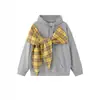 Suministro Directo de Fábrica Sudadera con Capucha a Cuadros y Lazo Estilo Universitario Americano para Hombres y Mujeres Marca de Tendencia Holgada Versátil Sudadera de Pareja