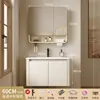 Gabinete de baño engrosado que ahorra espacio con lavabo de esquina redondeada de color crema, lavabo cerámico integrado para el baño