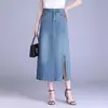 Saia midi jeans com bolsos para mulheres, nova coleção outono 2026, cintura alta, com fenda, elegante e adequada para o trabalho, saia evasê