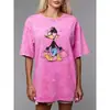 Camiseta de Verão Nova de Algodão Puro com Manga Curta Estilo Retrô Vintage Americano Lavado com Estampa de Pato Desenho Animado Fofo Top Cruzamento de Fronteiras