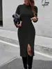 Vestido de punto de cuello medio de comercio exterior, Vestido suéter largo para mujer de otoño e invierno, Ajuste ceñido, Base de punto adelgazante, Vestido de línea A