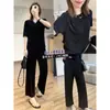Alta qualidade! Terno de acetato finíssimo de verão, amor verdadeiro, emagrecedor, fresco, calça de 9 pontos, camiseta de renda de manga curta H070303