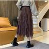 Falda Midi de Malla Patchwork con Volantes de Cintura Alta Seleccionada Cuidadosamente Otoño e Invierno 2023 para Mujer, Falda Plisada con Dobladillo Amplio a