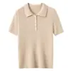 Otoño e Invierno Nuevo 100% Cachemira Pura Cuello Polo Tejido de Punto Rayado Holgado Adelgazante Manga Corta Ajustada Camiseta para Mujer