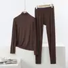 Conjunto de duas peças para casa, tamanho plus size, de modal, com gola semimédia, para mulheres, fino, casual, confortável, manga longa, conjunto de calça sem costura