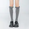 Calcetines de encaje de color claro con lazo, hasta la rodilla, para mujer, calcetines JK finos de verano, medias Lolita blancas, calcetines hasta el muslo blanco lechoso