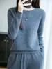 Listo para usar de primera línea 100% Lana Pura Suéter de Cuello Redondo para Mujer Nuevo Otoño e Invierno Tejido sin Costuras Aspecto Adelgazante Suéter Versátil