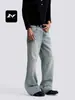 Jeans estiloso retro azul lavado para homens e mulheres, corte solto, estilo de rua, com efeito desgastado e esbranquiçado, perna reta, calça casual de perna larga