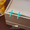 Brincos de Argola Retro Azul Turquesa com Cruz, Pequenos e Estilosos, Brincos Únicos e Elegantes com um Toque Francês de Alta Costura para Mulheres