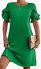 Vestido de verão feminino 2024, manga curta, linha A, mini, casual, gola redonda, reto, praia, férias, vestido com bolso