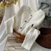 Cárdigan de Punto Trenzado Bordado Little Pony Otoño Invierno Principios de Primavera Retro Cuello Redondo Rojo Blanco Manga Larga Suéter Chaqueta para Mujer