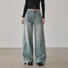 Jeans anchos de estilo retro americano con bordado de cachorro desgastado, nuevo estilo otoño 2026, holgados y adelgazantes, pantalones de largo hasta el suelo