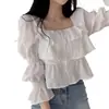Nueva Camisa de Chifón Estilo Coreano Francés con Cuello Cuadrado Dulce, Mangas de Campana Dulces y Top Corto Elegante para Mujer, Otoño Temprano 2026