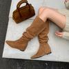 Botas de Mujer 2026 con Tacón Oculto, Botas Marrones Arrugadas Hasta la Rodilla, Botas Largas de Punta Fina, Botas de Montar de Caña Alta