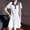 Vestido de Punto con Cuello Polo de Hilo de Algodón Nuevo Primavera Verano Manga Corta Bloques de Color Holgado Versátil Cordón Falda de Longitud Media