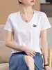 Top de Algodón y Seda para Mujer, Manga Corta, Ajustado, Color Sólido, Bordado de Cisne en V, para el Trabajo, Nuevo Primavera/Verano, Todo Algodón