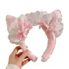 Tiara Rosa com Laço e Orelhas de Gato, Faixa de Pelúcia para Mulheres, Adereço para Fotos de Cosplay, Faixa para Lavar o Rosto, Acessório de Cabeça Lolita