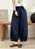 Pantalones Cortos de Lino de Color Sólido con Adorno de Encaje, Manga de Linterna 2026 Verano Nuevo Vintage Cintura Elástica Pantalones Tunica Tallas Grandes para Mujer