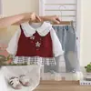 Ropa de Otoño para Niñas 2026 Nuevo Estilo Conjunto Elegante para Bebé Niña Estilo Coreano Niña Primavera Otoño Suéter con Flores Chaleco Conjunto de Tres Piezas