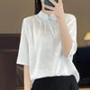 Blusa flor escura, meia manga, seda gelo, combinando, manga curta, camiseta feminina, nova, verão, elegante, 2025, estilo curto com gola vertical
