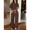 Novo conjunto de moda casual de duas peças para mulheres, com calças de perna larga de malha listrada de manga curta, estilo europeu e americano transfronteiriço