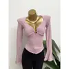 Camiseta Sexy de Estilo Chica Caliente Pura Pasión Cuadrado Expuesto Clavícula Anillo Metálico Hueco Manga Larga para Mujer Manga de Trompeta Camiseta Básica Ajustada