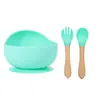 Mais Vendido Em Estoque Silicone Colher Garfo Bebê Alimentação Complementar Conjunto de Louças Ventosa Caracol Tigela Preço Madeira de Faia Combinação Colher Infantil