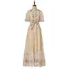 Suministro Exclusivo Transfronterizo de Vestido Largo Ornamentado de Estilo Francés para Uso Pesado con Cuello Alto Tipo Z, Mangas Cortas a la Moda, Diseño de Atar, Efecto Adelgazante y Vestido Estampado