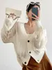 ¡Atmósfera Perezosa! Cárdigan de punto con cuello en V y corte calado de mohair suave y ceroso Jin Chaqueta Suéter de Otoño