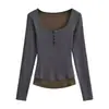 Camiseta de Manga Larga con Cuello Cuadrado y Encaje Empalmado Estilo Chica Caliente Sexy Pura Pasión 2024 Efecto Adelgazante Camiseta Base Falsa de Dos Piezas