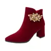 Zapatos de Boda para Novias, Atuendo de Boda Chino Tradicional, Zapatos de Tacón Alto para Mujer, Botines Cortos para el Brindis, Botas de Algodón Forradas de Polar Rojo 2026 Otoño e Invierno con Pedrería