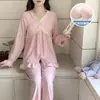 Pijama para Mujer para Primavera y Otoño con Almohadillas en el Pecho, Cárdigan de Encaje, Mangas Largas, Ropa de Casa Dulce y Casual de Corte Holgado que se Puede Usar Afuera